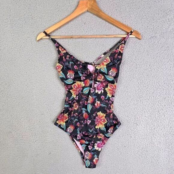 NANETTE LEPORE WOMENS 1PC BATHING SUIT BLACK WITH FLOWER PATTERN SIZE 6 - Picture 1 of 8